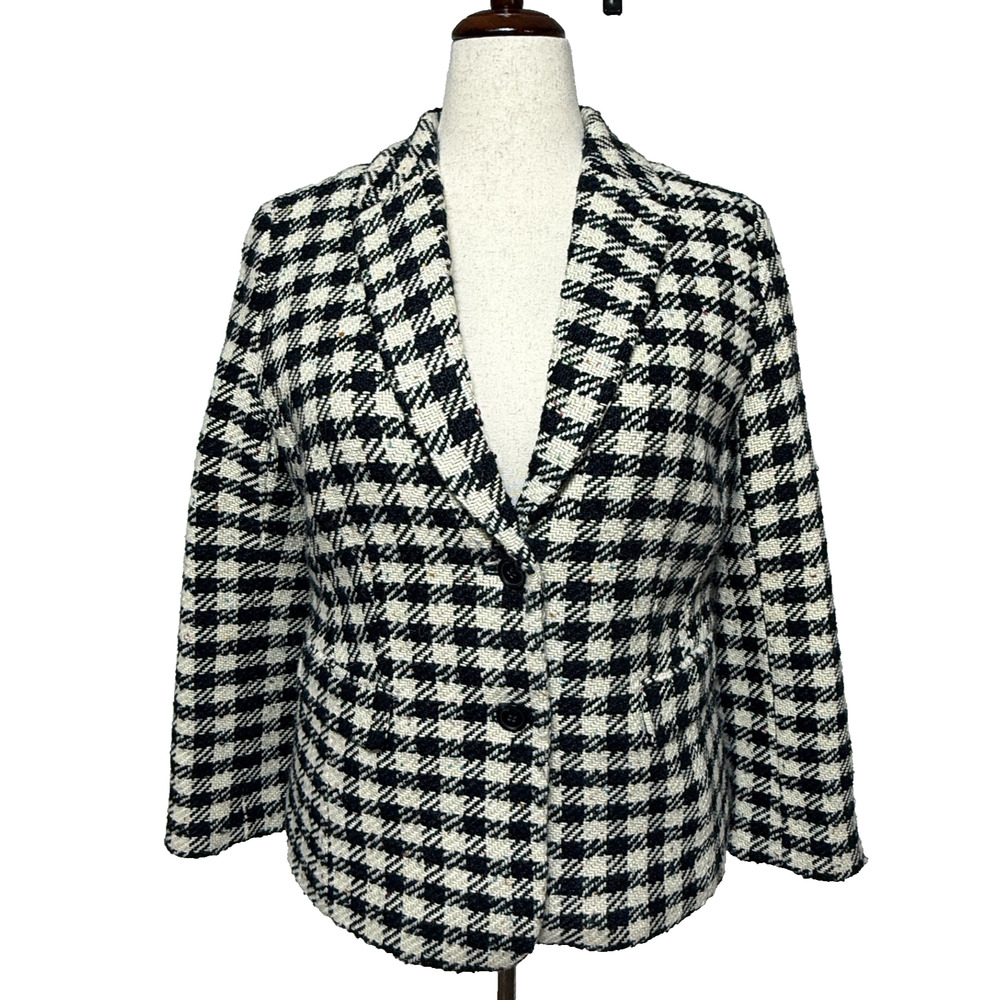 Talbots Blazer‎ Womens 14 Petite Black White Plaid Tweed Speckled Jacket